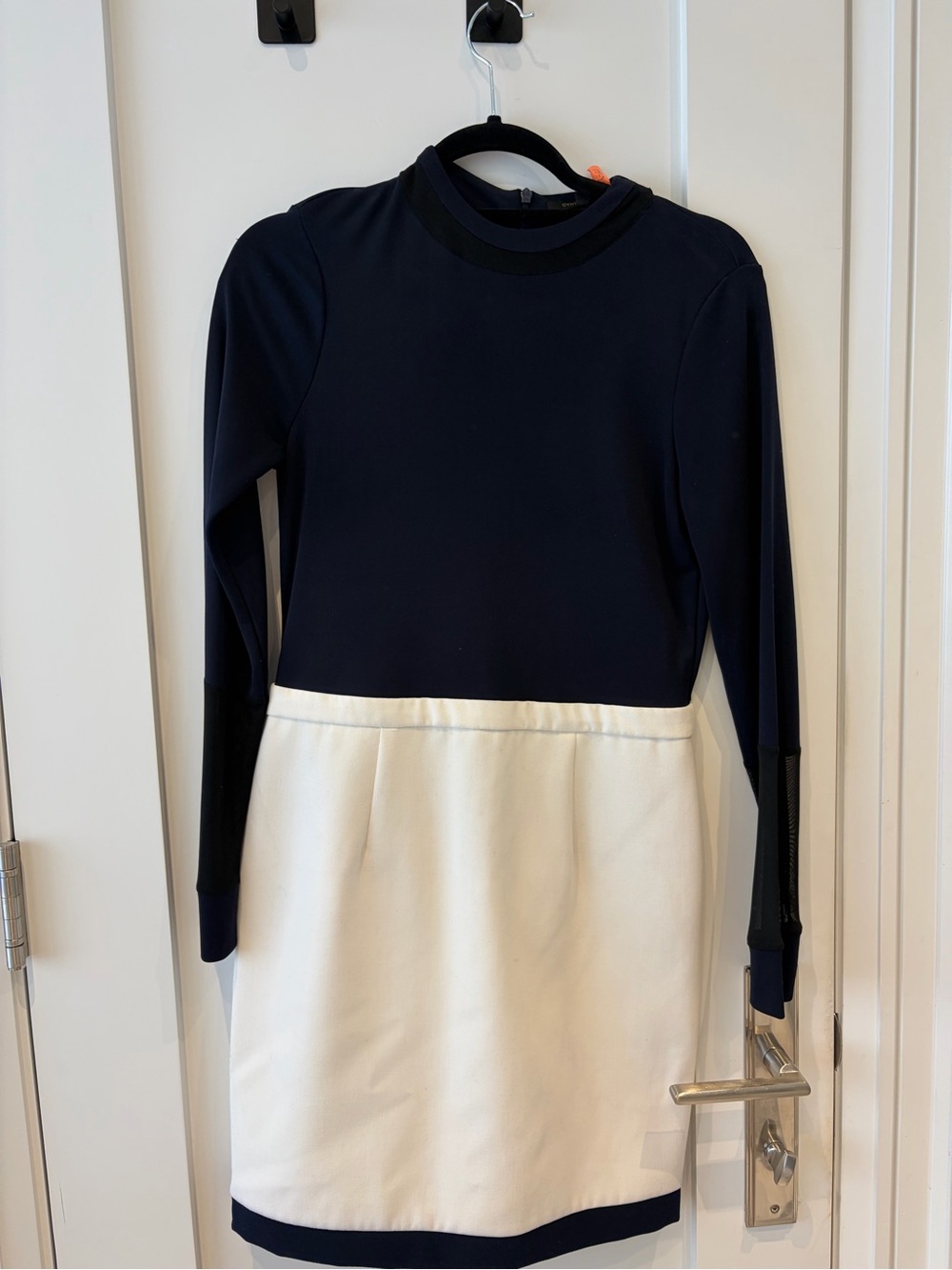 Cynthia Steffe Navy and White Long-Sleeve Two-Tone Dress with black sheer